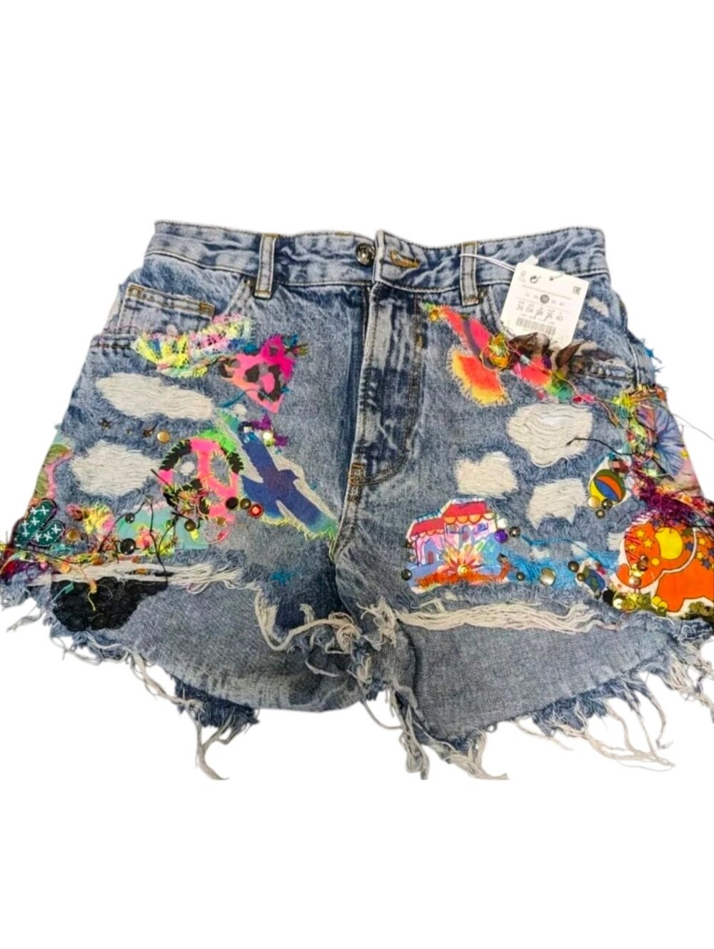 Distressed Embroidered Denim Shorts High Waisted  New Patchwork Hippie